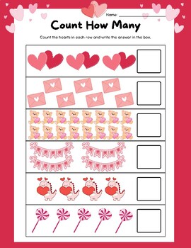 Preview of CUTE Count How Many Happy Valentine's Day Worksheet Counting 1 to 20 FUN Pre-K K