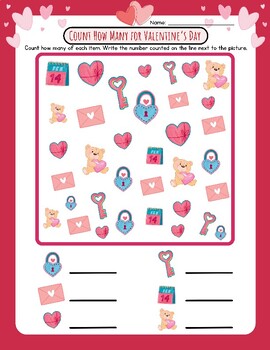 Preview of CUTE Valentines Day Counting to 10 Math Worksheet FUN Count Write How Many Happy