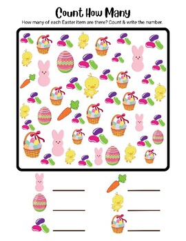 Preview of CUTE Easter Counting to 20 Math Worksheet FUN Count Write How Many Bunny Basket