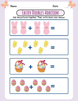 Preview of CUTE Easter Doubles Addition Add Pictures 2 4 6 8 Early Math Worksheet FUN Bunny