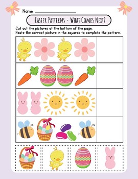 Preview of CUTE! Easter Find the Pattern Worksheet: What Comes Next? Sort Order Cut FUN!
