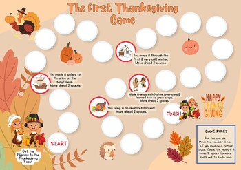 Preview of CUTE! FUN! First Thanksgiving Printable Board Game - Roll Dice Pilgrims History