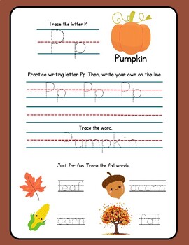 Preview of CUTE! Fall Handwriting Practice Letter P + Fall Words Pumpkin & Acorn Fine Motor
