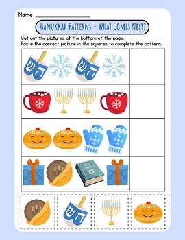 Preview of CUTE! Hanukkah Find the Pattern Worksheet: What Comes Next? Sort Order Cut FUN!
