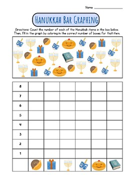 Preview of CUTE! Hanukkah Counting 1 to 8 Bar Graphing: Color Boxes Chanukah Worksheet FUN!