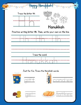 Preview of CUTE Hanukkah Handwriting Practice Letter H : Trace & Color Write Hanukkah Words