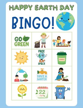 Preview of CUTE Happy Earth Day Bingo Game Printable Activity 20 Cards FUN Pictionary Green