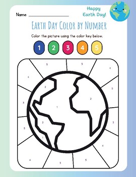 Preview of CUTE Happy Earth Day Color by Number Globe Printable Worksheet Pre-K Elementary