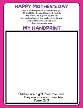 Preview of CUTE Happy Mother's Day Christian Handprint Craft KidMin Psalm 127:3 Printable