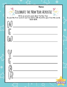 Preview of CUTE Happy New Year Acrostic Poem Worksheet FUN  Writing Write ELA New Years