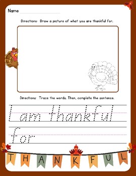Preview of CUTE! I am Thankful for Happy Thanksgiving Handwriting: Draw, Trace, Write FUN!