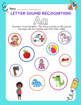 Preview of CUTE Letter Sound Recognition Worksheets A-Z Beginning Short Sounds FUN Pictures