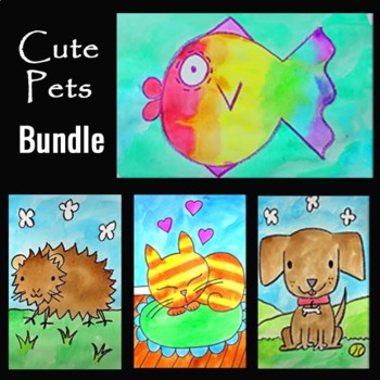 Preview of CUTE PETS BUNDLE | 4 EASY Drawing & Watercolor Video Art & Painting Lessons