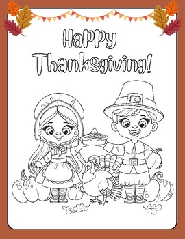 Preview of CUTE! Pilgrims Happy Thanksgiving Coloring Sheet FUN! Fall Printable Page Turkey