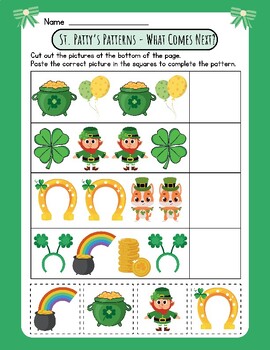 Preview of CUTE St. Patrick's Day Complete the Pattern Worksheet What's Next Sort Order Cut