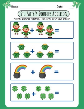 Preview of CUTE St. Patricks Day Doubles Addition Add Pictures 2 4 6 8 Early Math Worksheet