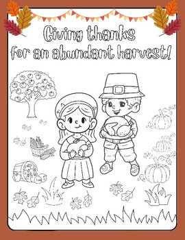 Preview of CUTE! Thanksgiving Coloring Sheet: Pilgrims Giving Thanks FUN! Harvest Printable