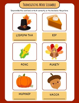 Preview of CUTE! Thanksgiving Word Scramble: Word Jumble Unscramble Turkey Pumpkin MORE FUN