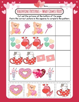 Preview of CUTE! Valentine's Day Complete the Pattern Worksheet What's Next Sort Order Cut