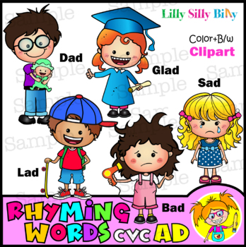 Preview of CVC - AD - Rhyming Word Clipart - B/W & Color images. {Lilly Silly Billy}