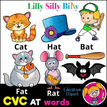 Preview of CVC - 'AT' Rhyming words. - B/W & Color clipart  {Lilly Silly Billy}