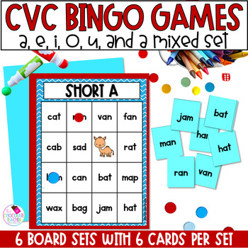 Preview of CVC Words BINGO Games - Short Vowel Phonics Review for Kindergarten 1st Grade