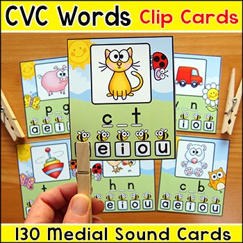 Preview of Middle Sounds Practice - CVC Words Picture Clip Cards Literacy Center Activity