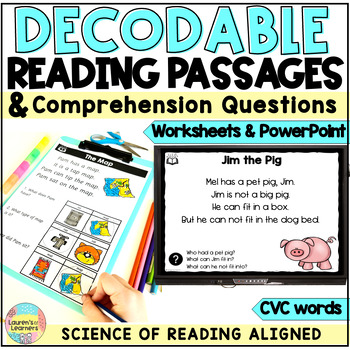 Preview of CVC Reading Passages and Comprehension Question Worksheets & Slides