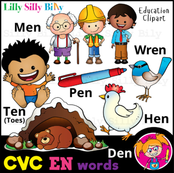 Preview of CVC - 'EN' Rhyming words. - B/W & Color clipart  {Lilly Silly Billy}