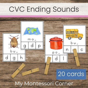 Preview of CVC Ending Sounds Clip Cards (Montessori Kindergarten Reading Activity)