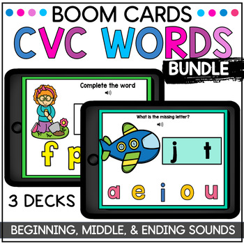 Preview of CVC Word Games Beginning, Middle, and Ending Sounds Boom Cards for Kindergarten