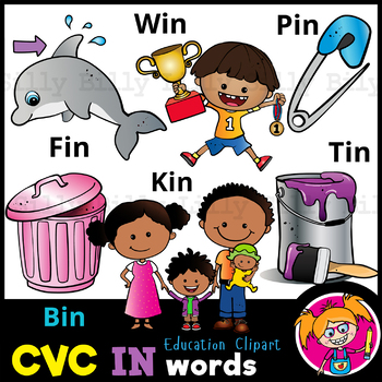 Preview of CVC - 'IN' Rhyming words. - B/W & Color clipart  {Lilly Silly Billy}