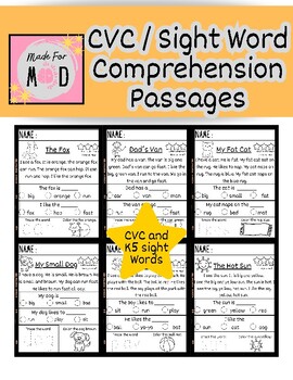 Preview of CVC / K5 Sight Word Decodable Comprehension Passages- With Pictures!