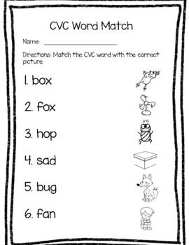 CVC Matching Worksheet by Crazy-Kinder | TPT