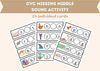 Preview of CVC Missing Middle Sound Activity, Literacy, Reading, PRINTABLE, Set of 28 cards