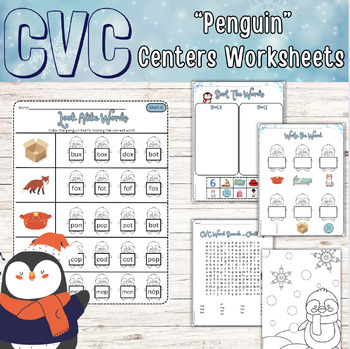 Preview of CVC Penguin-Themed Winter Centers Worksheets  