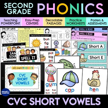 Preview of Short Vowels CVC Phonics Activities, Centers, Passages & PowerPoint