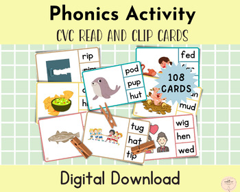 Preview of CVC Phonics Activity, Literacy Centre Game, Phonics Match and Clip Cards