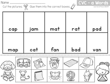 CVC Pictures Cut and Paste RF.K.2d Worksheets Distance Learning | TpT