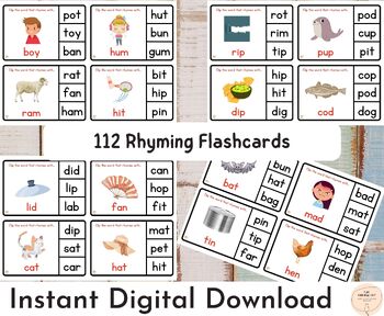 Preview of CVC Rhyming Words Activity, Word Families Rhyming Picture Cards, Early Reading