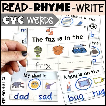 Preview of CVC Rhyming Words - Read, Rhyme, and Write Task Cards, Rhyming Word Pictures