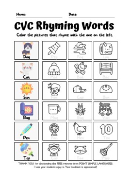 Preview of CVC Rhyming Words Worksheets (*UPDATED)