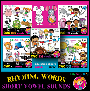 Preview of CVC - Rhyming words (Short Vowels). Clip art VALUE BUNDLE.  {Lilly Silly Billy}
