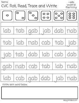 cvc roll read trace and write game includes 30 word families