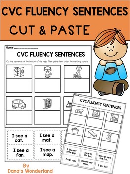 Preview of CVC Words Cut and Paste Worksheets with Pictures and Simple Sentences