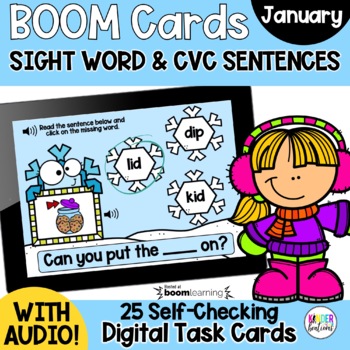 Preview of CVC Sentences and Sight Words BOOM Cards | Digital Task Cards | Winter