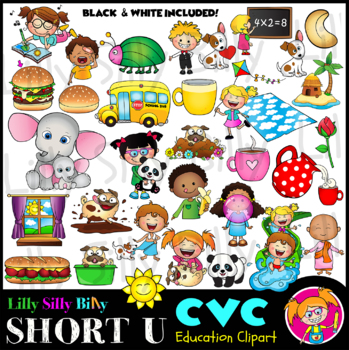 Preview of CVC - Short U Vowels - Clipart in Black & white/ and full color.