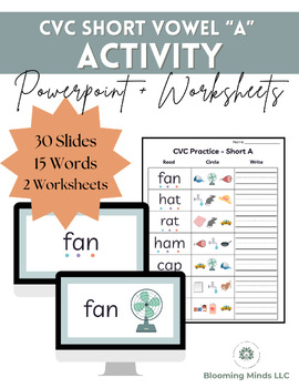Preview of CVC Short Vowel 'A' - Word Blending PowerPoint with Practice Worksheet