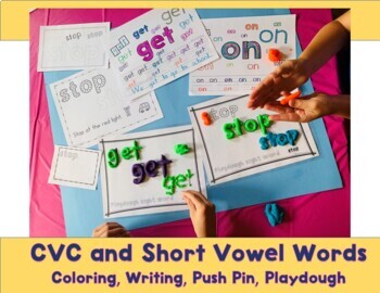 Preview of CVC Short Vowel a, e, i, o, u Color Writing Push Pin Playdough Center Fine Motor