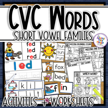 Preview of CVC Short Vowel Sounds Bundle with Short A, E, I, O, U task cards & worksheets